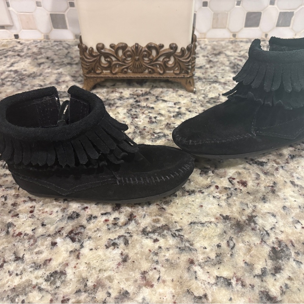 Minnetonka Black Kids Moccasins with Fringe